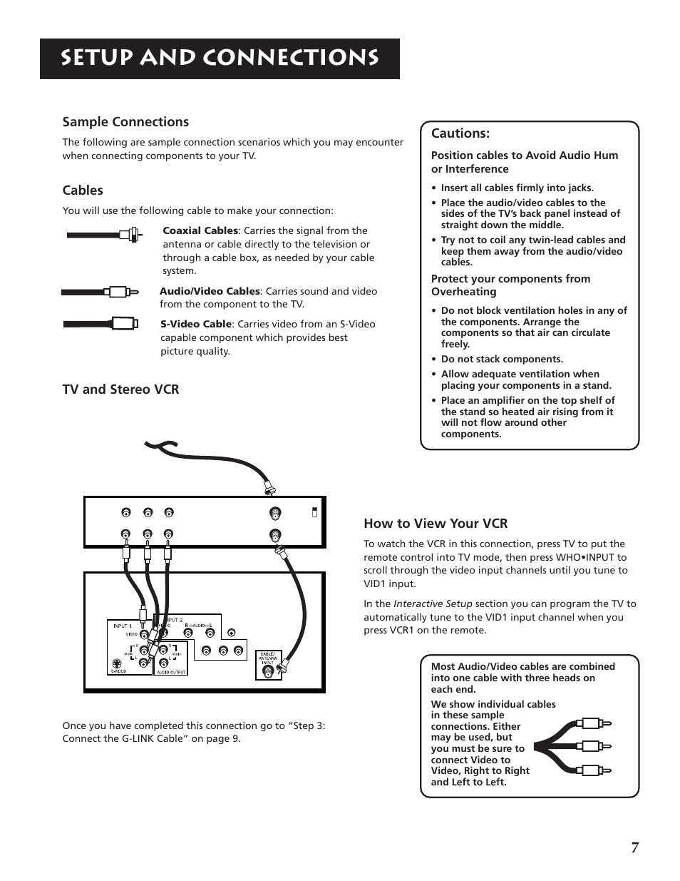 Setup and connections, Sample connections, Cables | Tv and stereo vcr, Cautions, How to view your vcr | RCA F32691 User Manual | Page 9 / 64