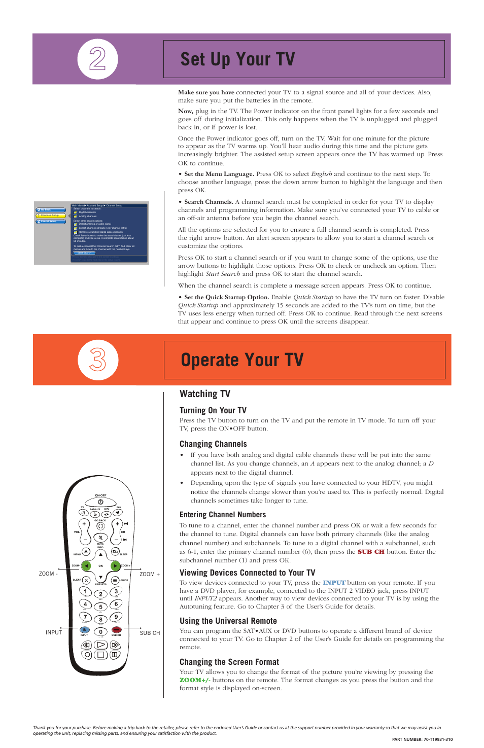 Set up your tv operate your tv, Watching tv, Turning on your tv | Changing channels, Viewing devices connected to your tv, Using the universal remote, Changing the screen format, Entering channel numbers | RCA 70-T19931-310 User Manual | Page 2 / 2