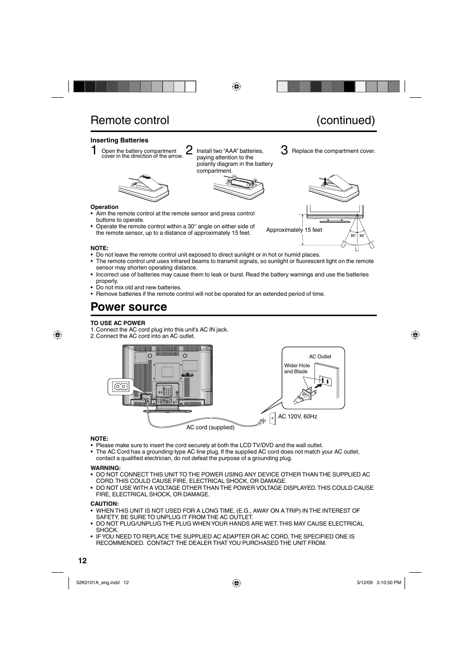 Remote control (continued), Power source | RCA L32HD35D User Manual | Page 12 / 48