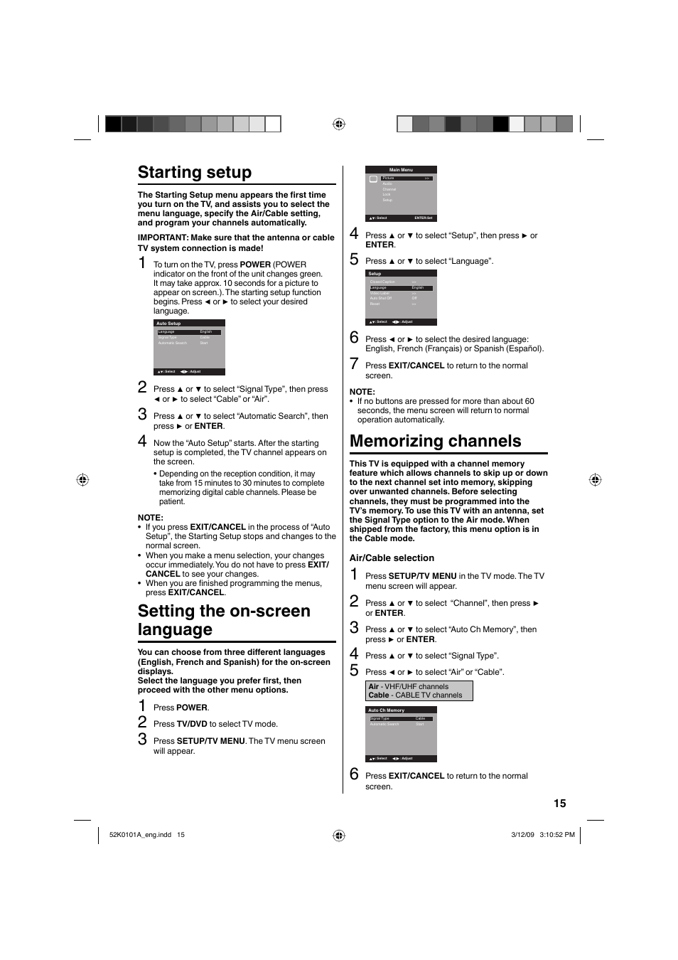 Starting setup, Setting the on-screen language | RCA L32HD35D User Manual | Page 15 / 48