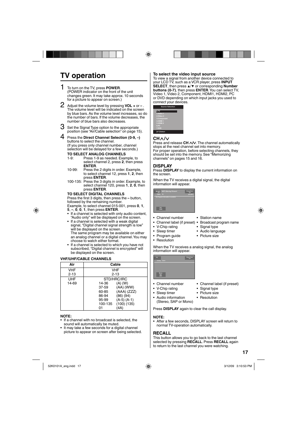 Tv operation 1, Display, Recall | RCA L32HD35D User Manual | Page 17 / 48