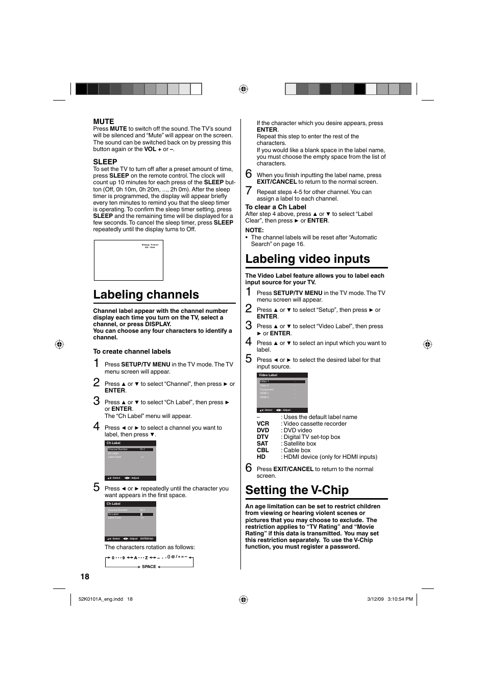 Labeling channels, Labeling video inputs, Setting the v-chip | RCA L32HD35D User Manual | Page 18 / 48