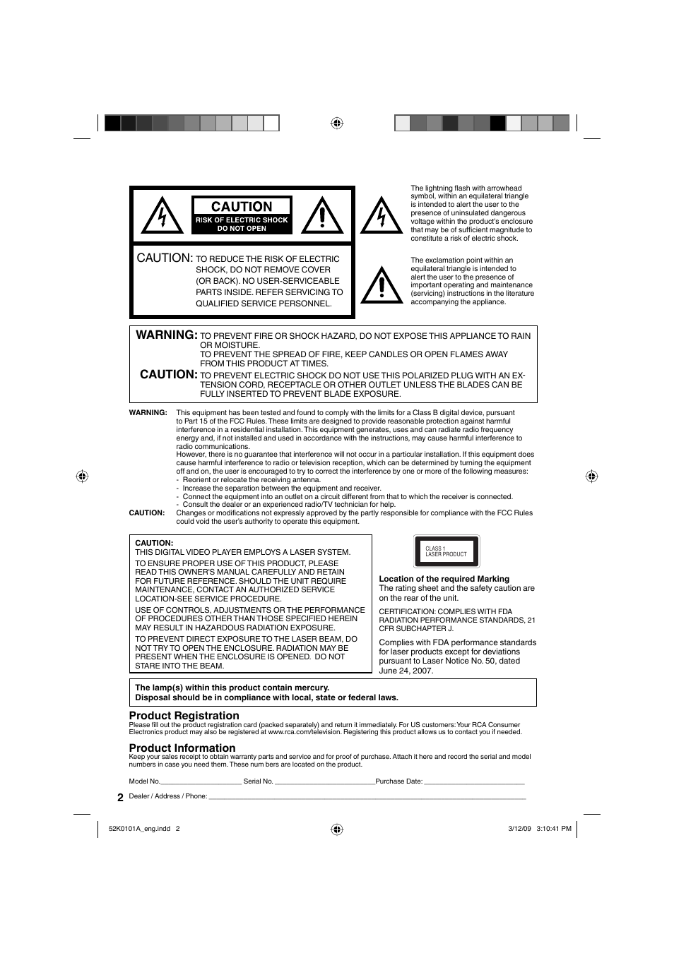 Caution, Warning, Product registration | Product information | RCA L32HD35D User Manual | Page 2 / 48