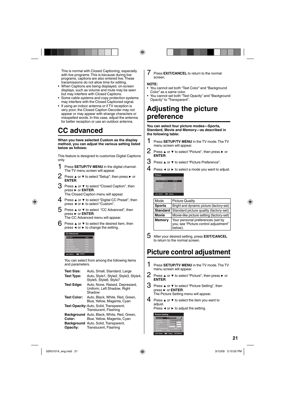 Cc advanced, Adjusting the picture preference, Picture control adjustment 1 | RCA L32HD35D User Manual | Page 21 / 48