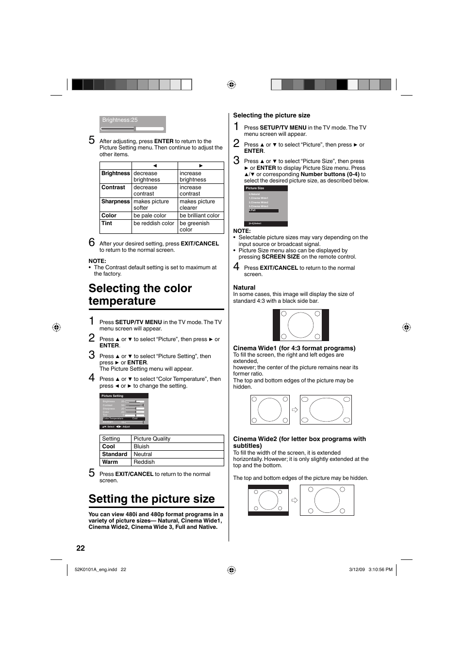 Selecting the color temperature 1, Setting the picture size | RCA L32HD35D User Manual | Page 22 / 48