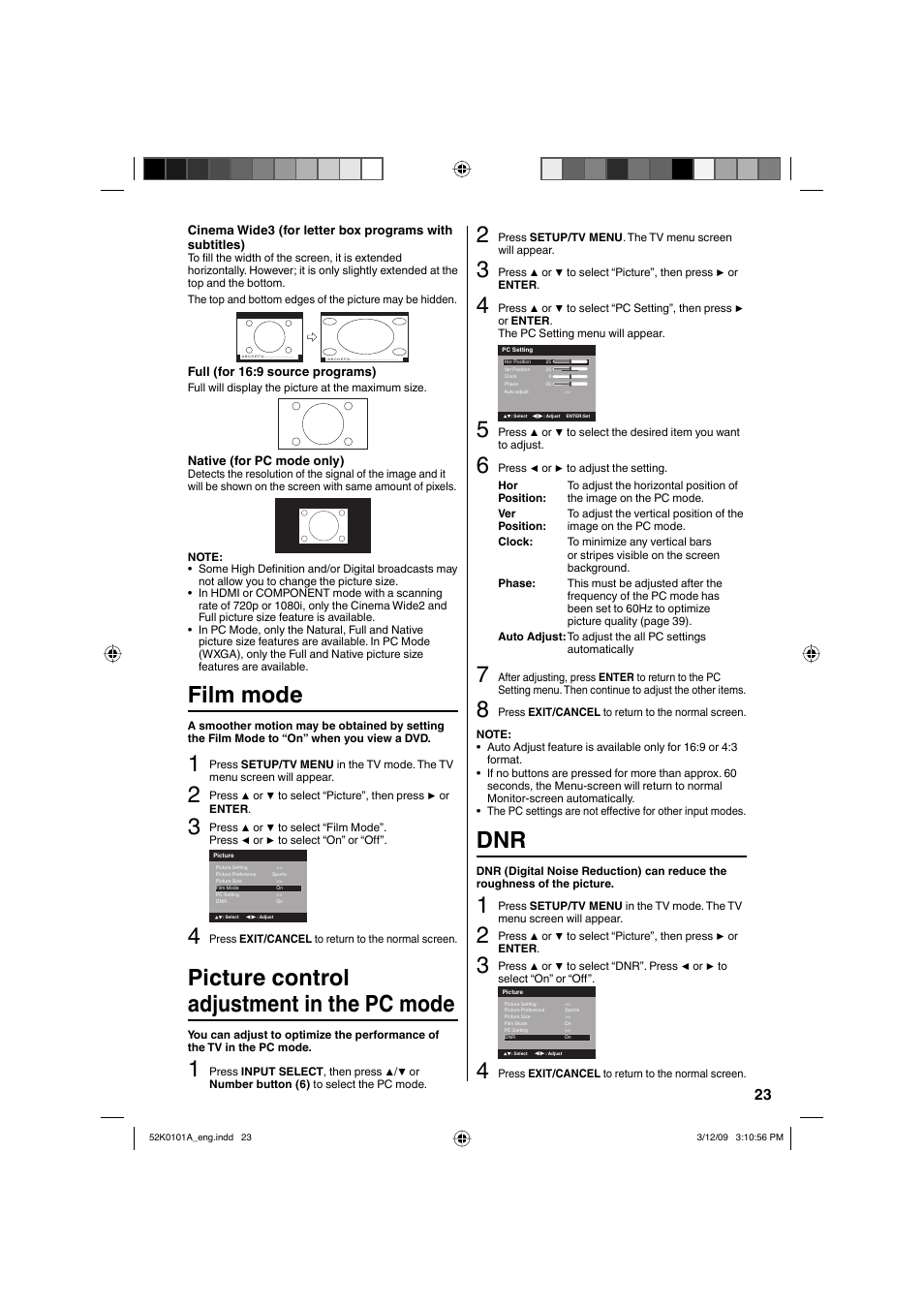 Film mode, Picture control adjustment in the pc mode | RCA L32HD35D User Manual | Page 23 / 48
