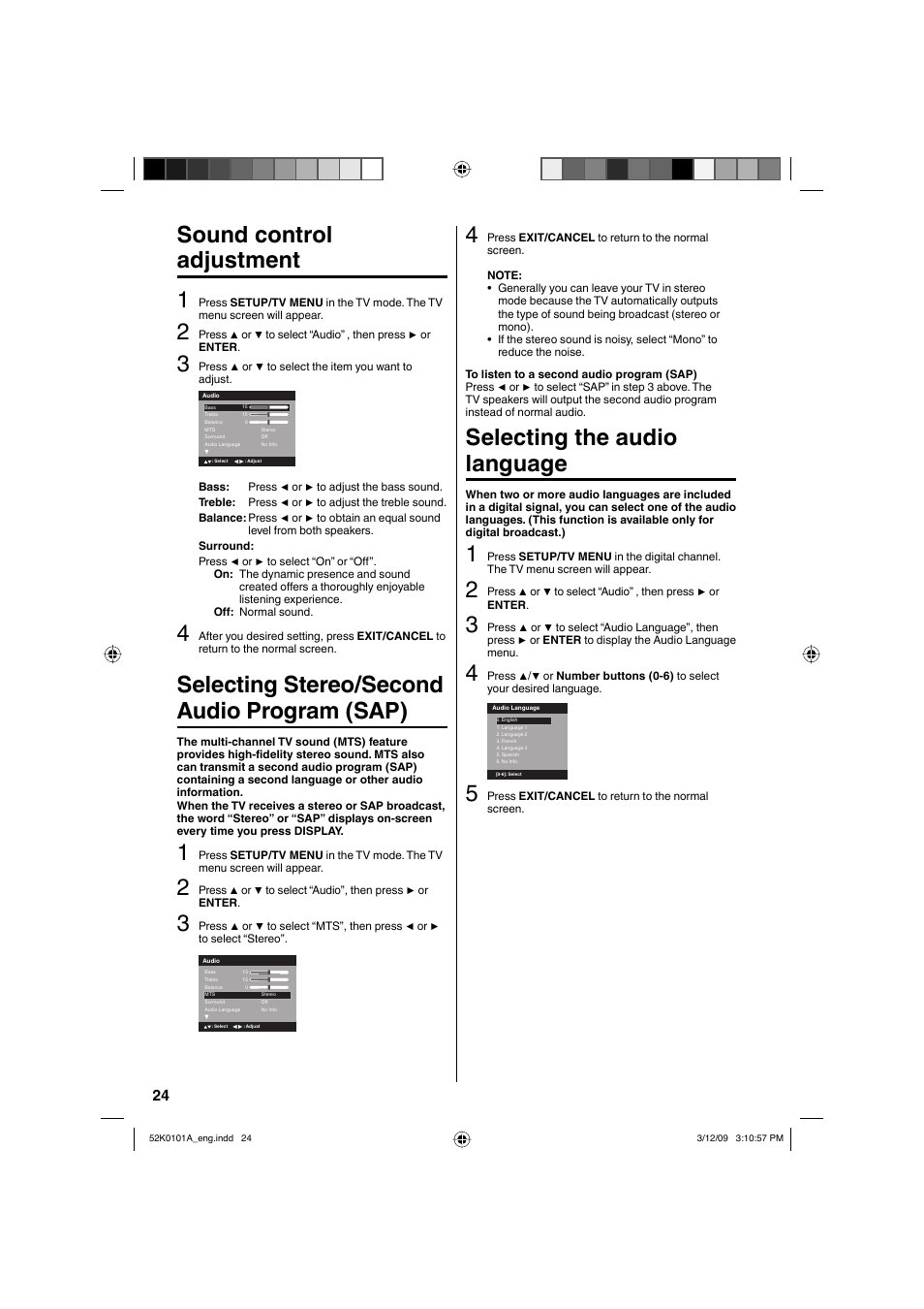 Sound control adjustment 1, Selecting stereo/second audio program (sap), Selecting the audio language | RCA L32HD35D User Manual | Page 24 / 48
