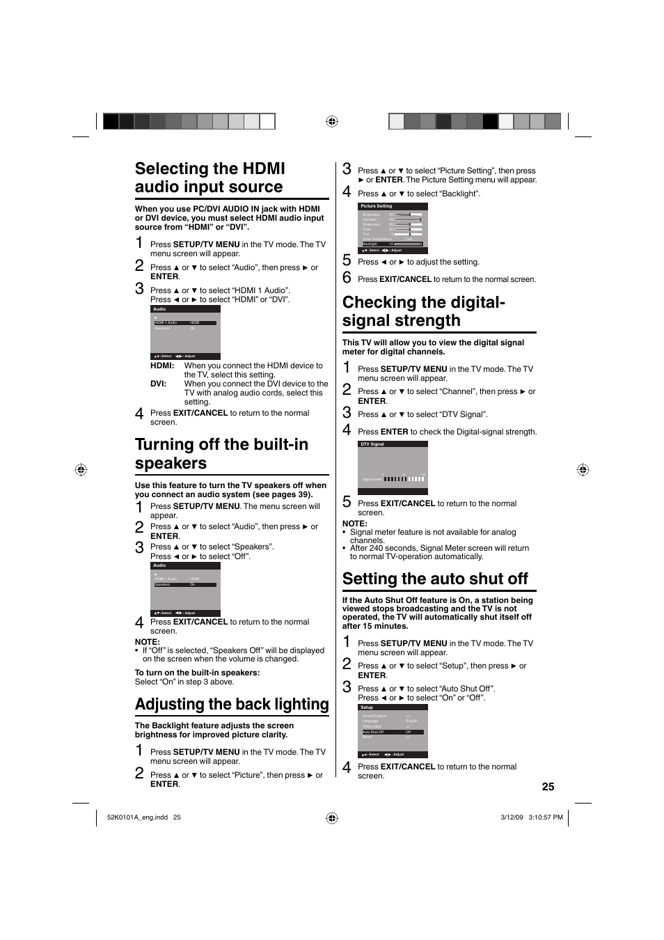 Selecting the hdmi audio input source, Turning off the built-in speakers, Adjusting the back lighting | Checking the digital- signal strength, Setting the auto shut off | RCA L32HD35D User Manual | Page 25 / 48