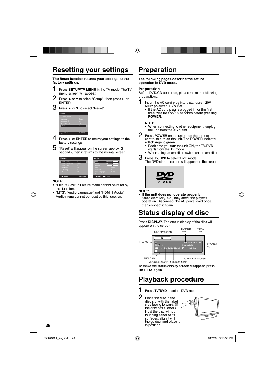 Resetting your settings, Preparation, Status display of disc | Playback procedure 1 | RCA L32HD35D User Manual | Page 26 / 48