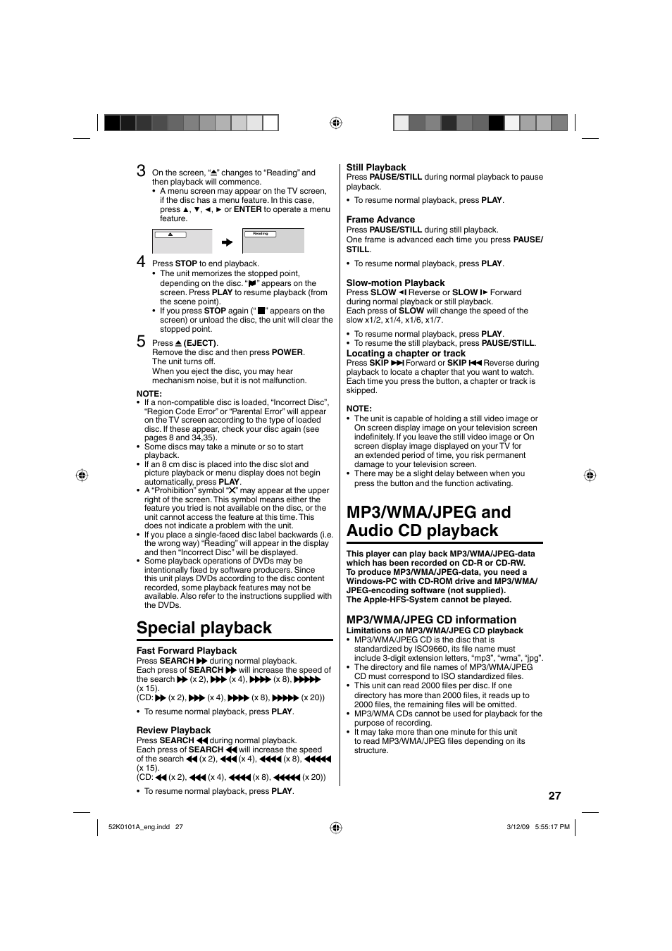 Special playback, Mp3/wma/jpeg and audio cd playback, Mp3/wma/jpeg cd information | RCA L32HD35D User Manual | Page 27 / 48