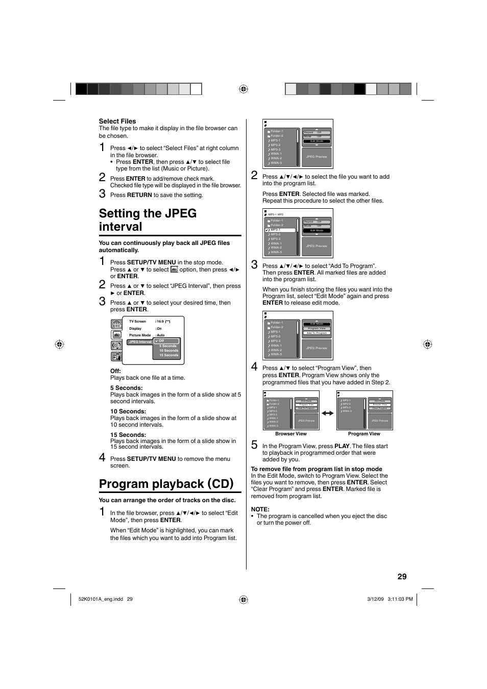 Setting the jpeg interval, Program playback (cd) | RCA L32HD35D User Manual | Page 29 / 48
