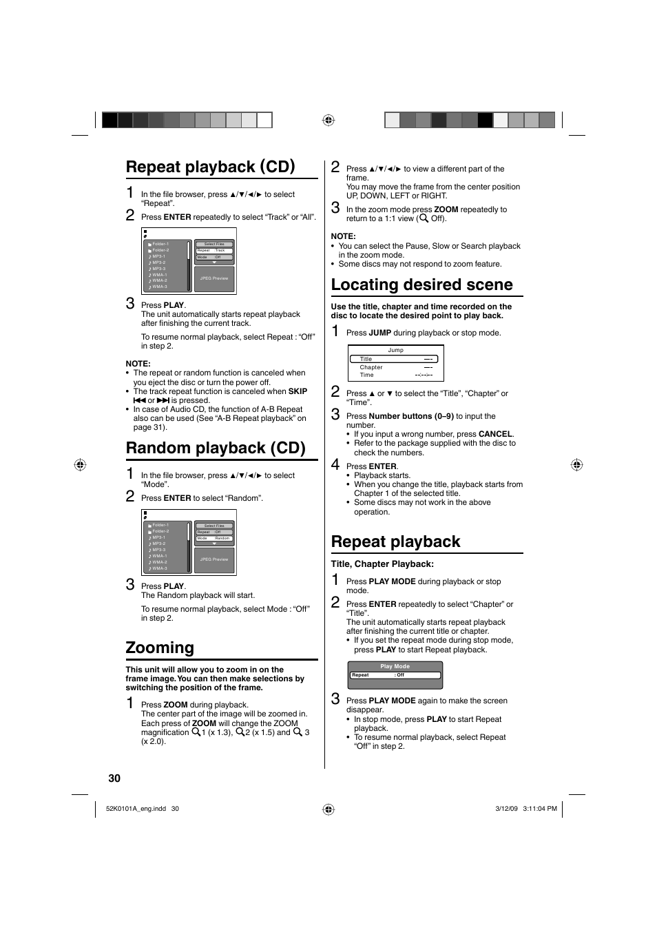 Repeat playback (cd) 1, Random playback (cd) 1, Zooming | Locating desired scene, Repeat playback | RCA L32HD35D User Manual | Page 30 / 48