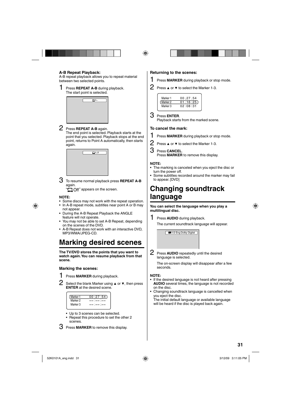 Marking desired scenes, Changing soundtrack language | RCA L32HD35D User Manual | Page 31 / 48