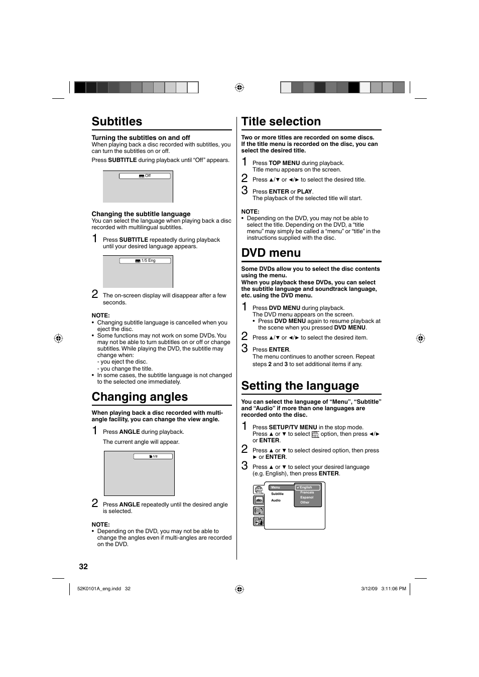Subtitles, Changing angles, Title selection | Dvd menu, Setting the language | RCA L32HD35D User Manual | Page 32 / 48