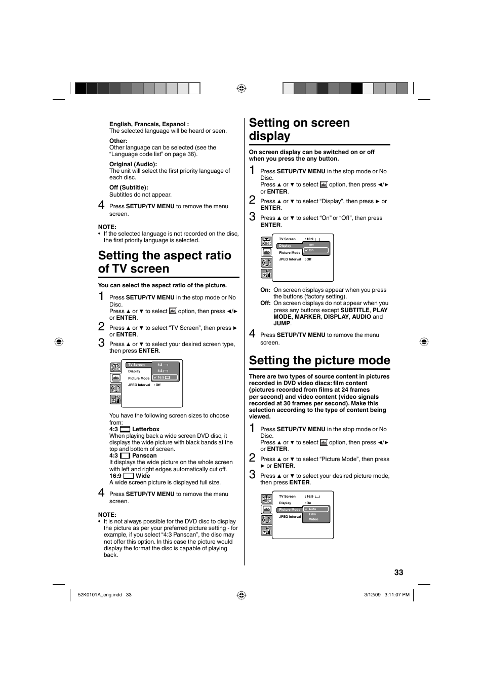 Setting the aspect ratio of tv screen, Setting on screen display, Setting the picture mode | RCA L32HD35D User Manual | Page 33 / 48