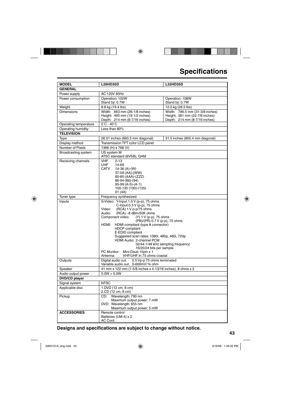 Specifications | RCA L32HD35D User Manual | Page 43 / 48