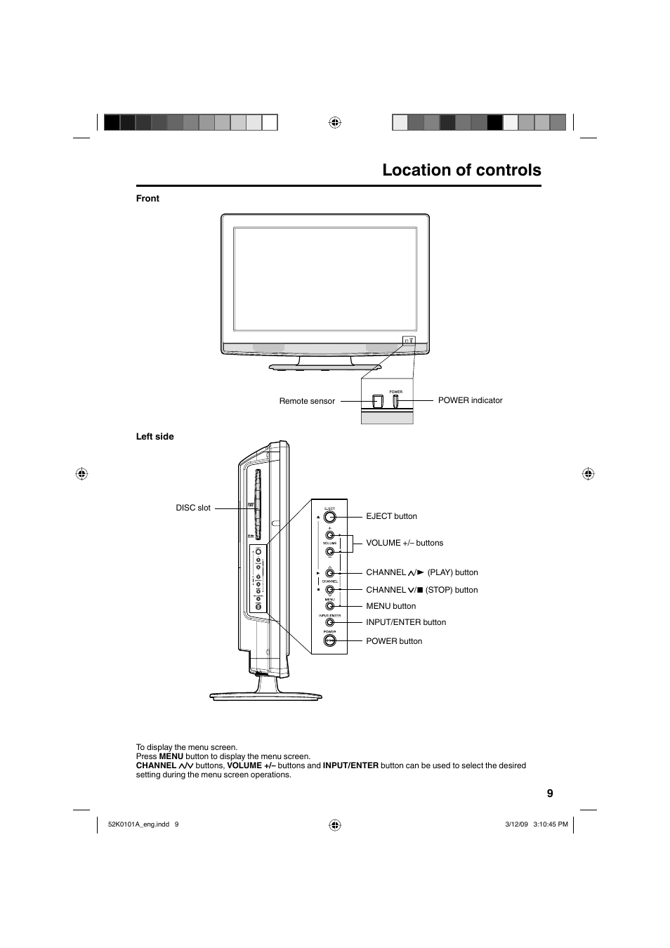 Location of controls | RCA L32HD35D User Manual | Page 9 / 48
