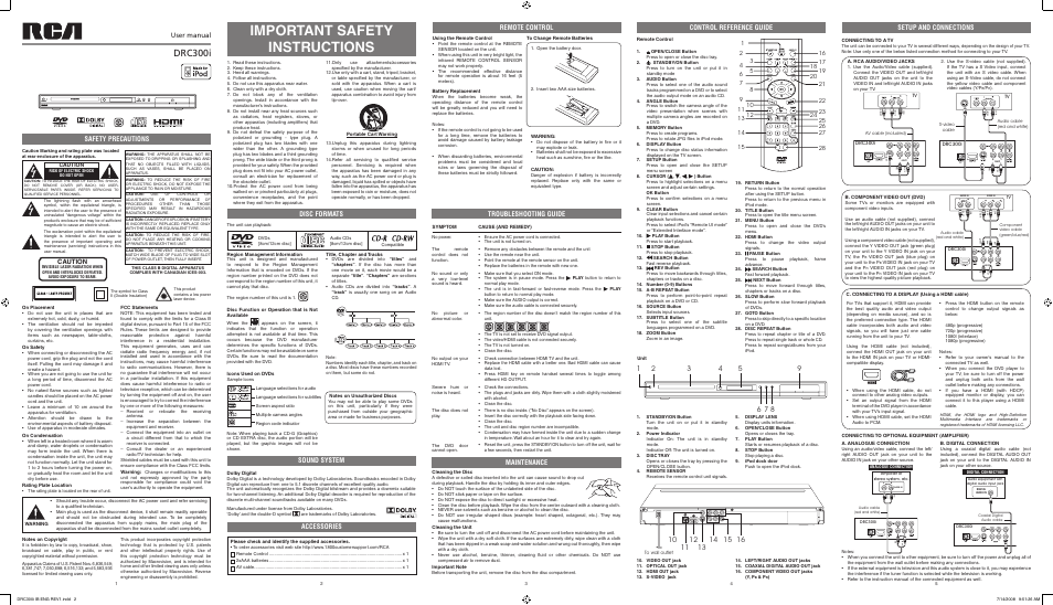 Important safety instructions, Drc300i, Disc formats | Sound system, Accessories, Control reference guide setup and connections, Remote control, Troubleshooting guide, Safety precautions, User manual | RCA DRC300i User Manual | Page 2 / 2