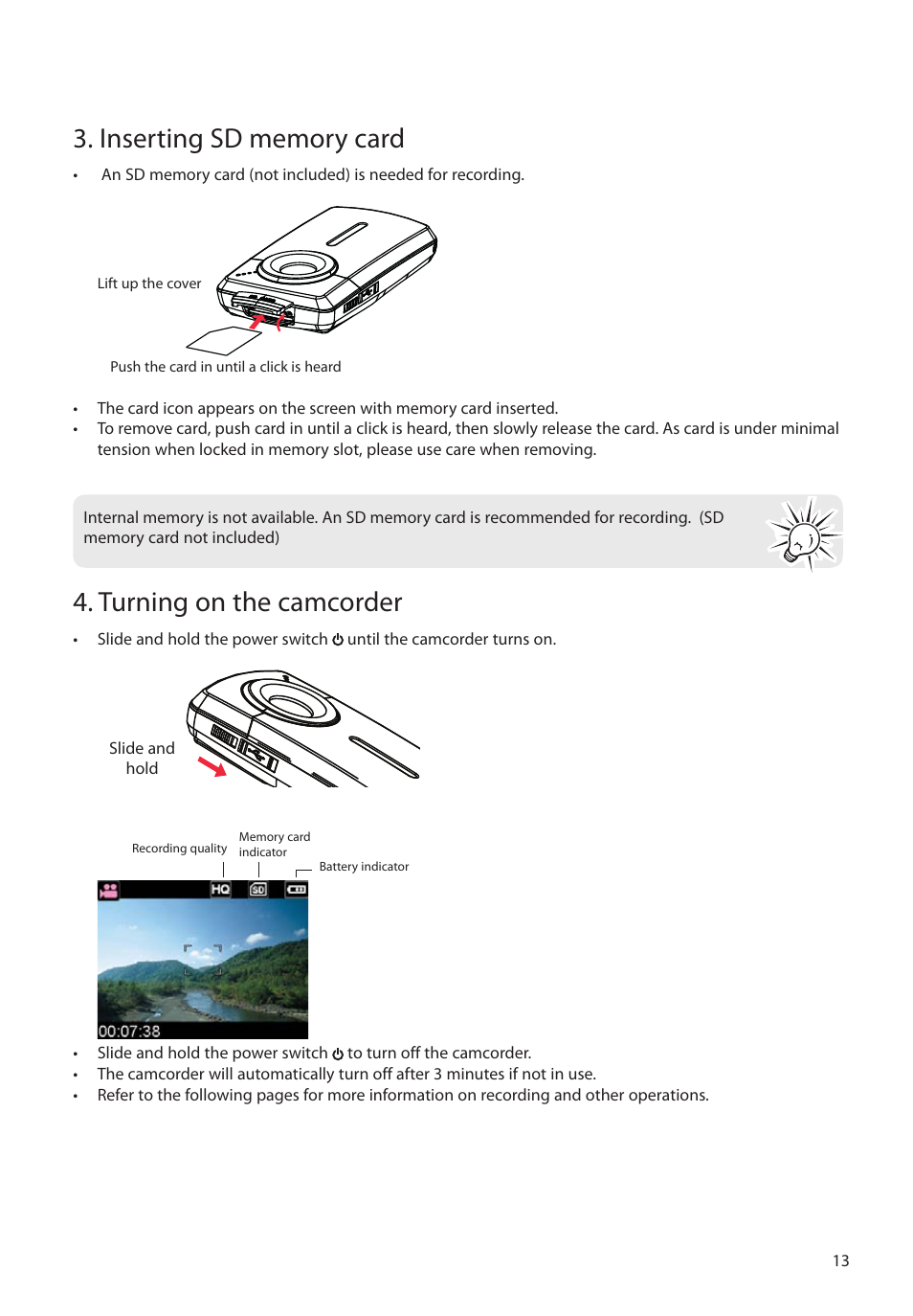 Inserting sd memory card, Turning on the camcorder | RCA EZ2050 User Manual | Page 14 / 34