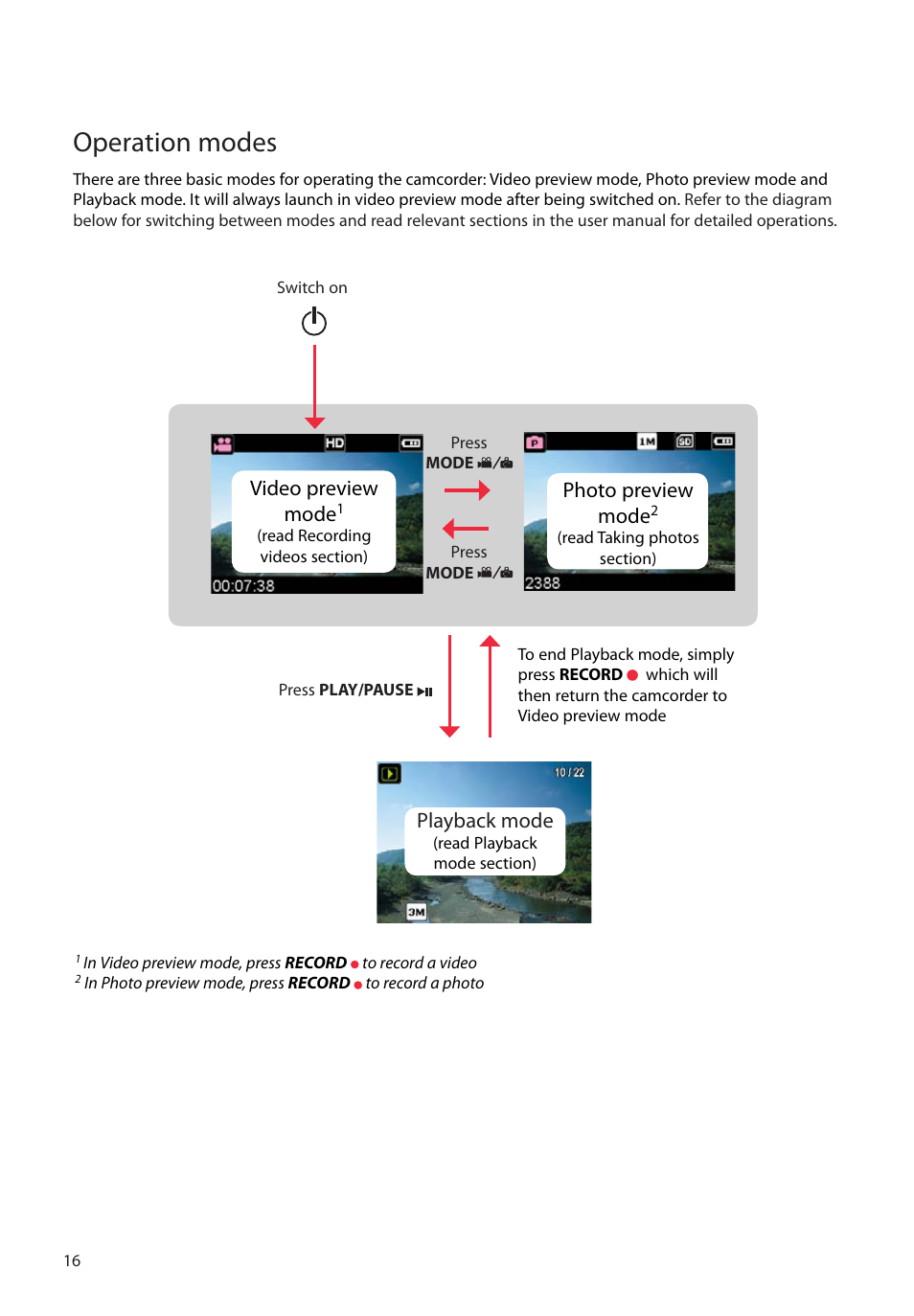 Operation modes, Photo preview mode, Playback mode | Video preview mode | RCA EZ2050 User Manual | Page 17 / 34