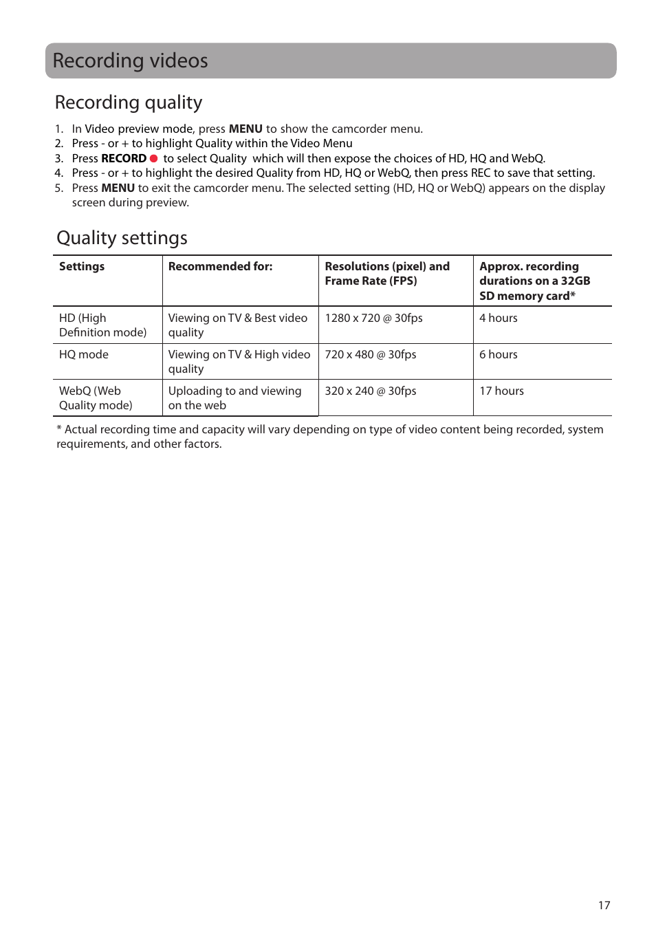 Recording videos, Recording quality, Quality settings | RCA EZ2050 User Manual | Page 18 / 34