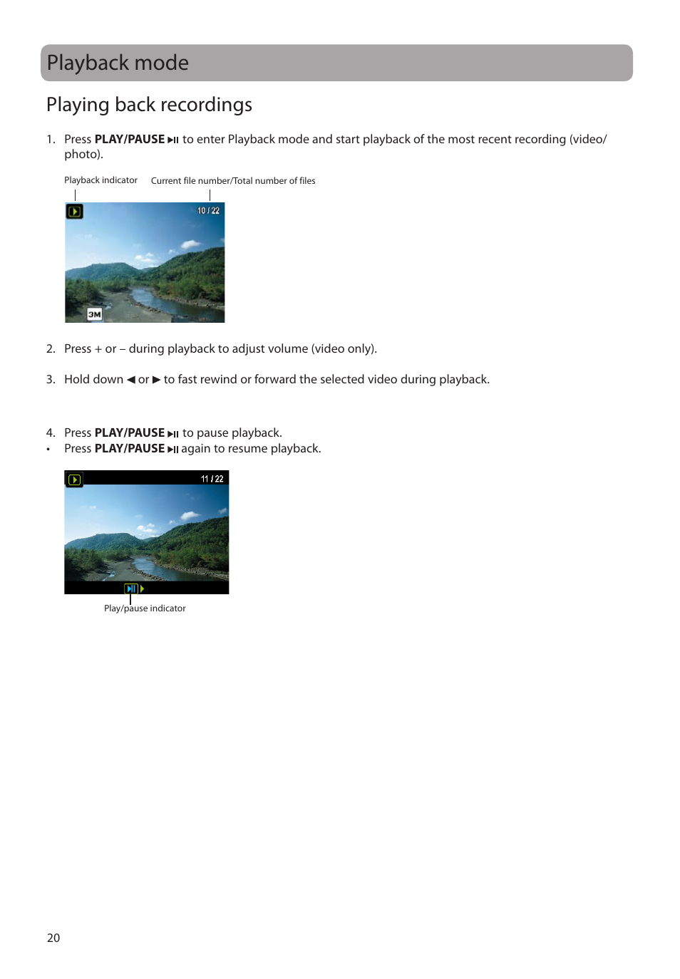 Playback mode, Playing back recordings | RCA EZ2050 User Manual | Page 21 / 34