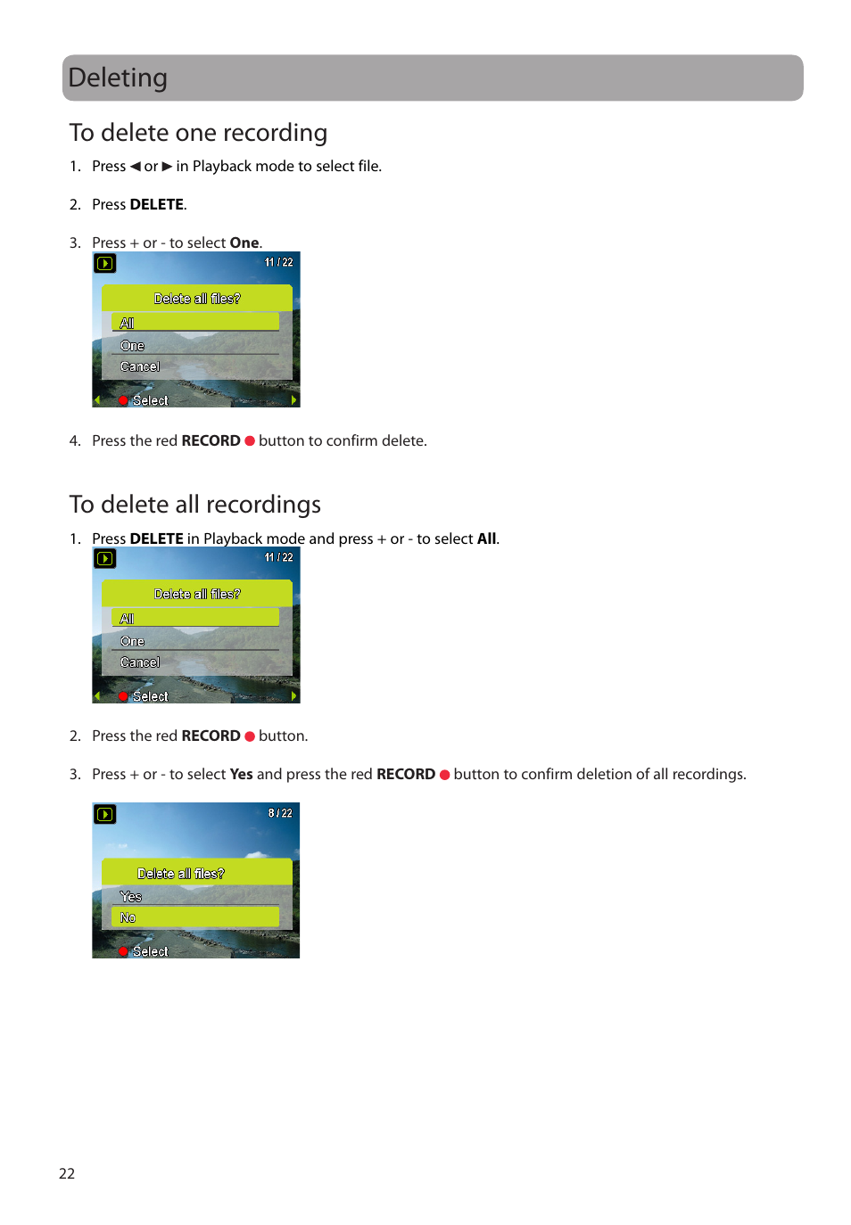 Deleting, To delete one recording, To delete all recordings | RCA EZ2050 User Manual | Page 23 / 34