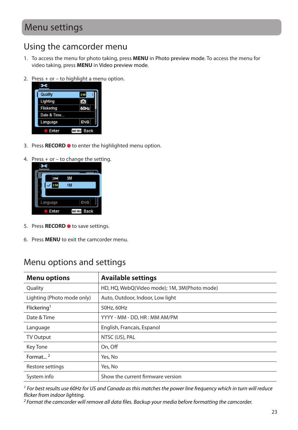 Menu settings, Using the camcorder menu, Menu options and settings | Menu options available settings | RCA EZ2050 User Manual | Page 24 / 34