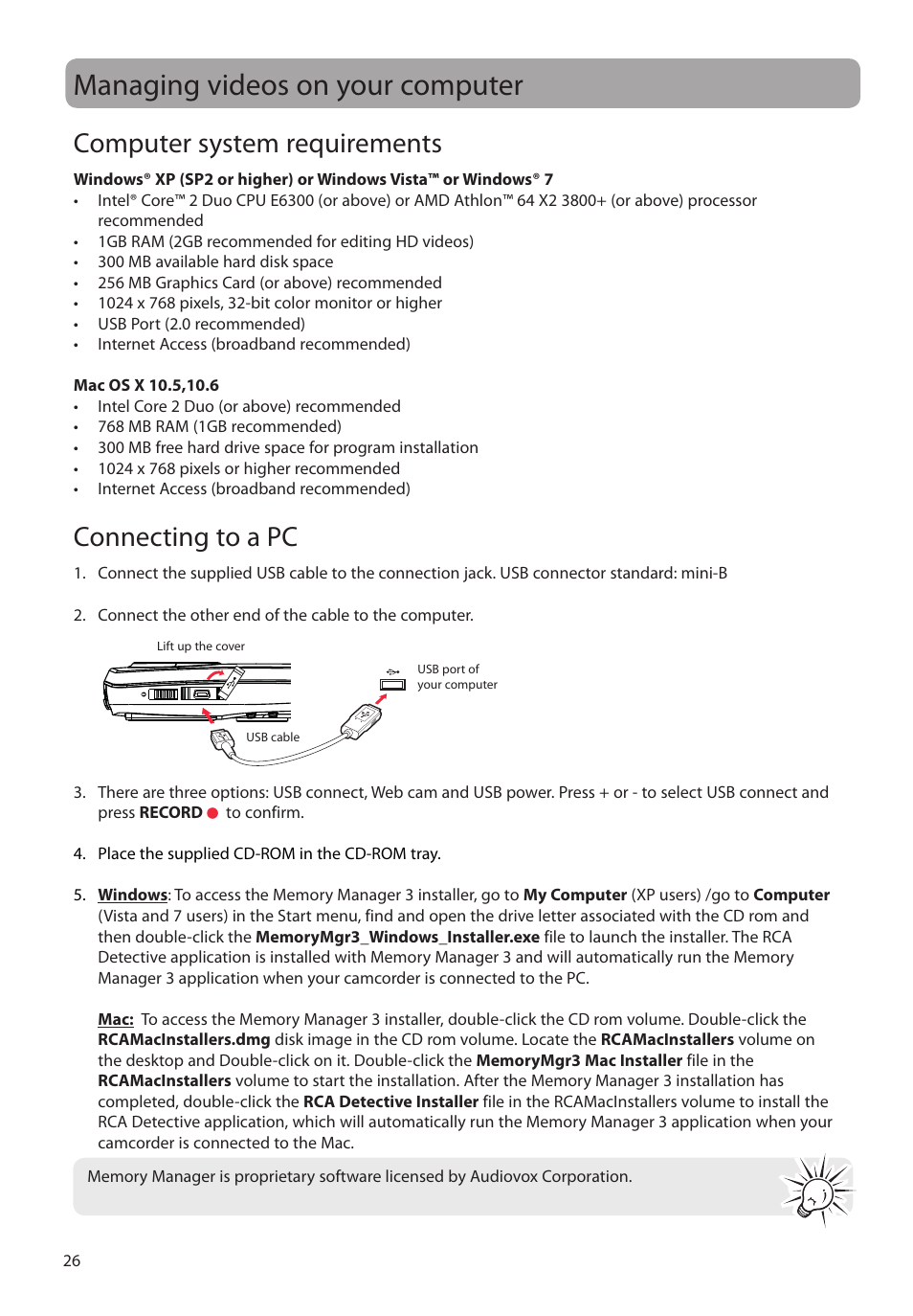 Managing videos on your computer, Computer system requirements, Connecting to a pc | RCA EZ2050 User Manual | Page 27 / 34