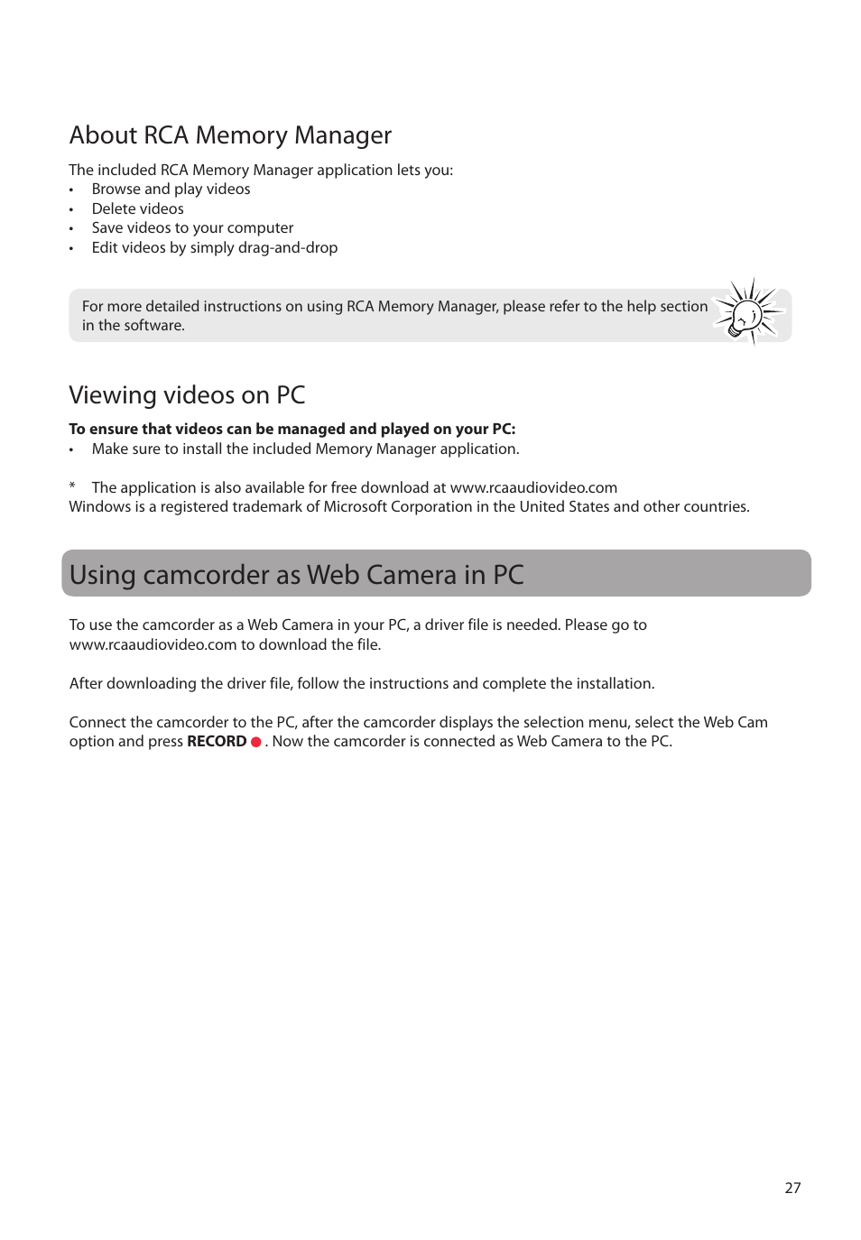 About rca memory manager, Viewing videos on pc, Using camcorder as web camera in pc | RCA EZ2050 User Manual | Page 28 / 34