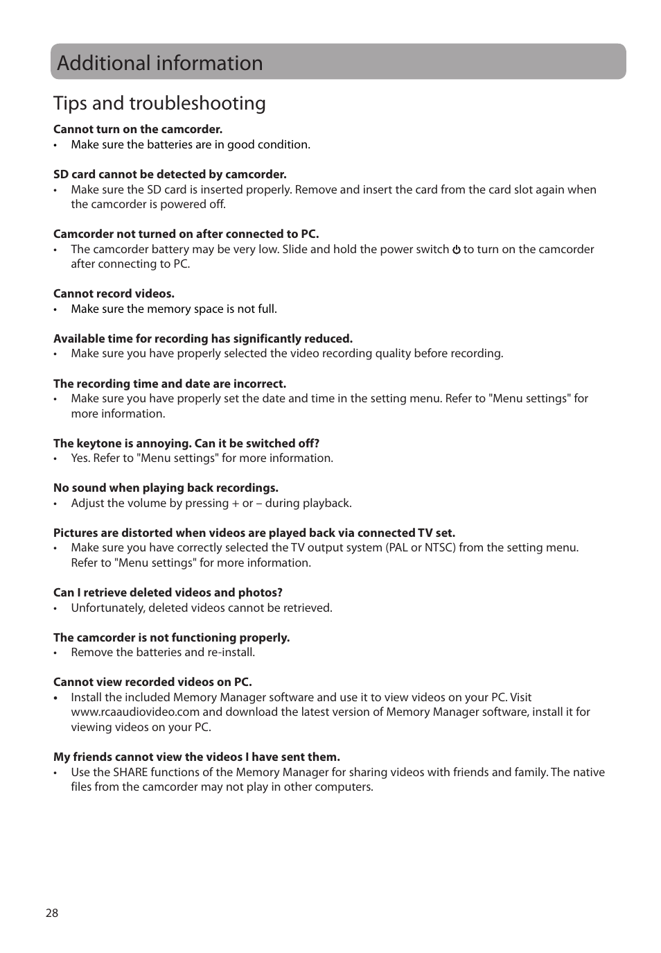 Additional information, Tips and troubleshooting | RCA EZ2050 User Manual | Page 29 / 34