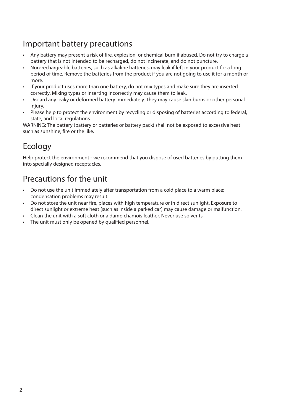 Important battery precautions, Ecology, Precautions for the unit | RCA EZ2050 User Manual | Page 3 / 34