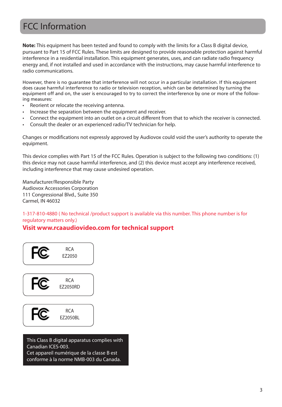 Fcc information | RCA EZ2050 User Manual | Page 4 / 34