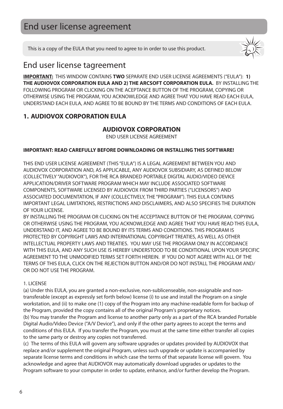 End user license agreement, End user license tagreement | RCA EZ2050 User Manual | Page 7 / 34