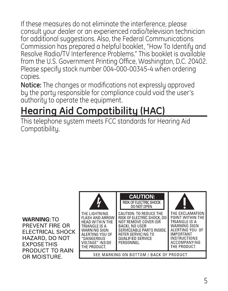 Hearing aid compatibility (hac) | RCA 29578 User Manual | Page 5 / 72