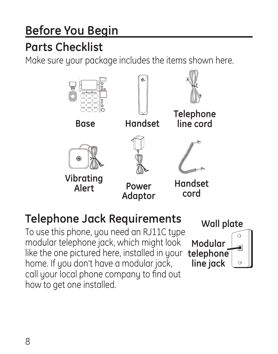 Before you begin, Parts checklist, Telephone jack requirements | RCA 29578 User Manual | Page 8 / 72