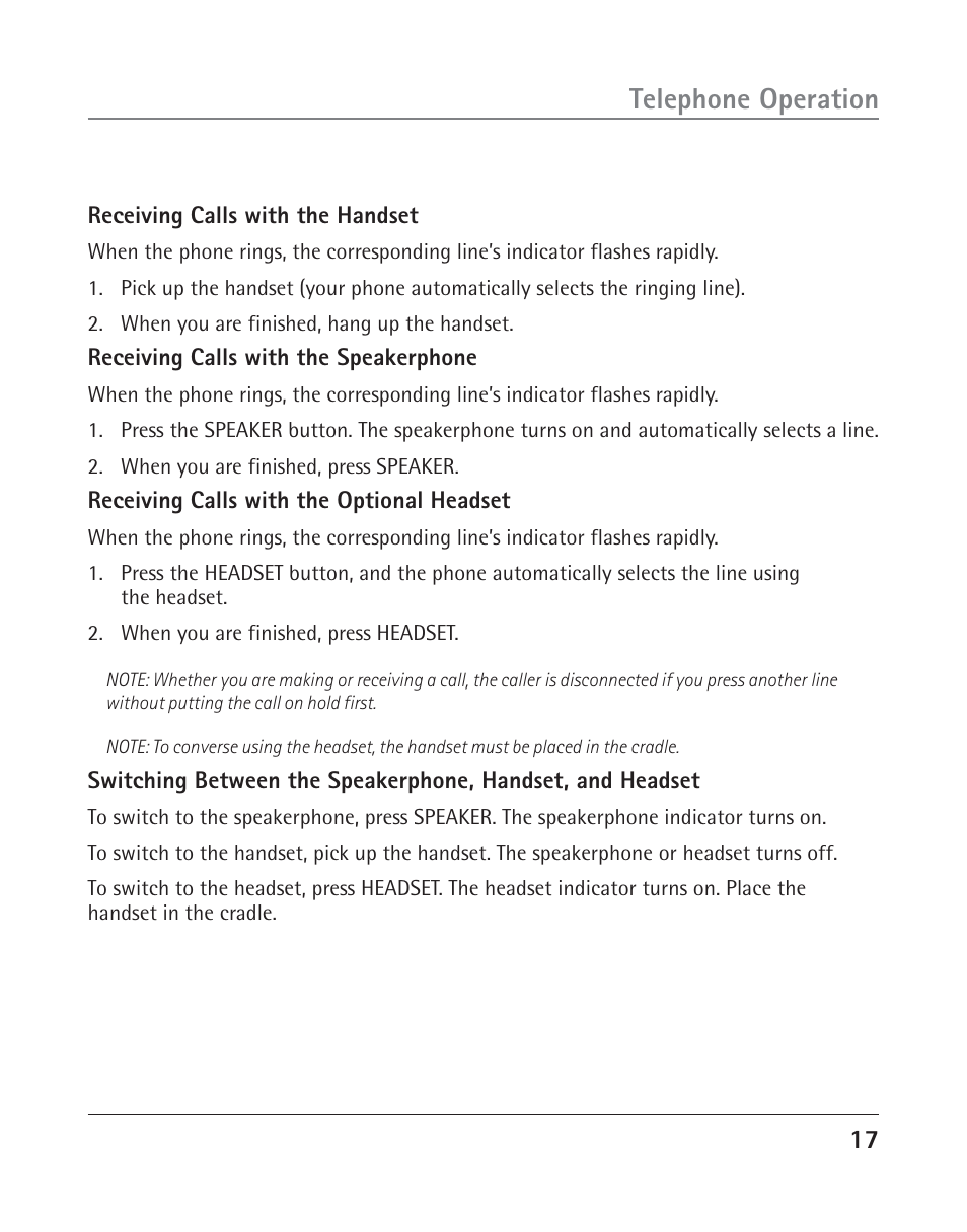 Telephone operation | RCA 25202 User Manual | Page 17 / 76