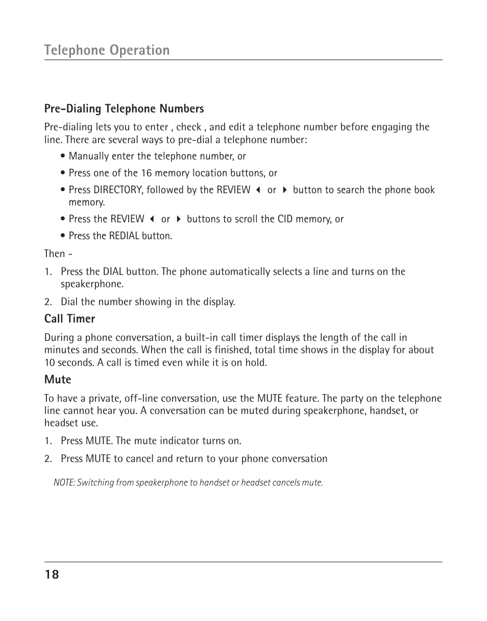 Telephone operation | RCA 25202 User Manual | Page 18 / 76