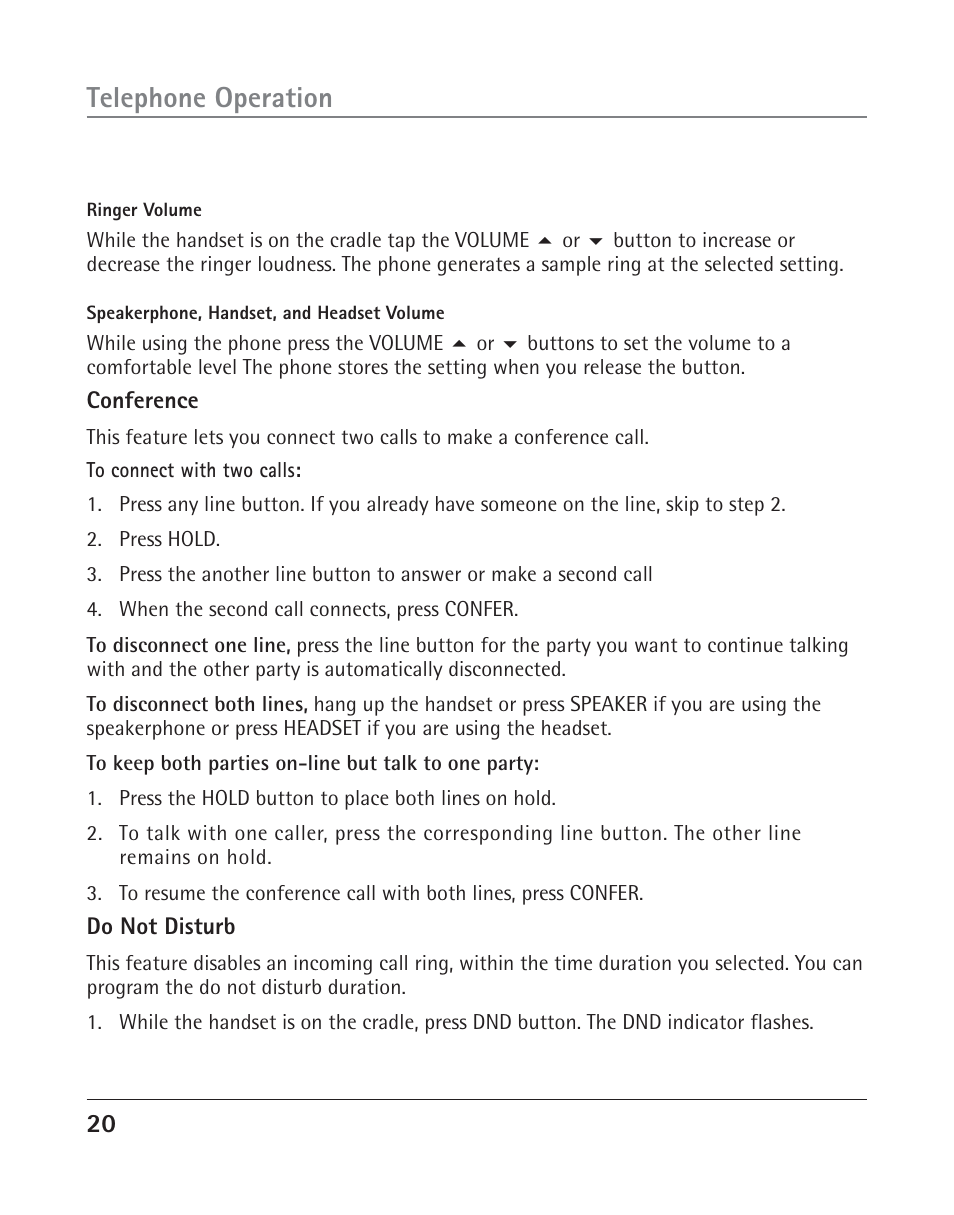 Telephone operation | RCA 25202 User Manual | Page 20 / 76