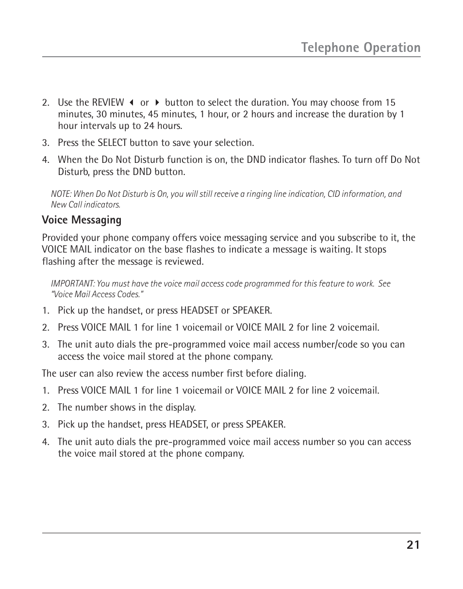Telephone operation | RCA 25202 User Manual | Page 21 / 76