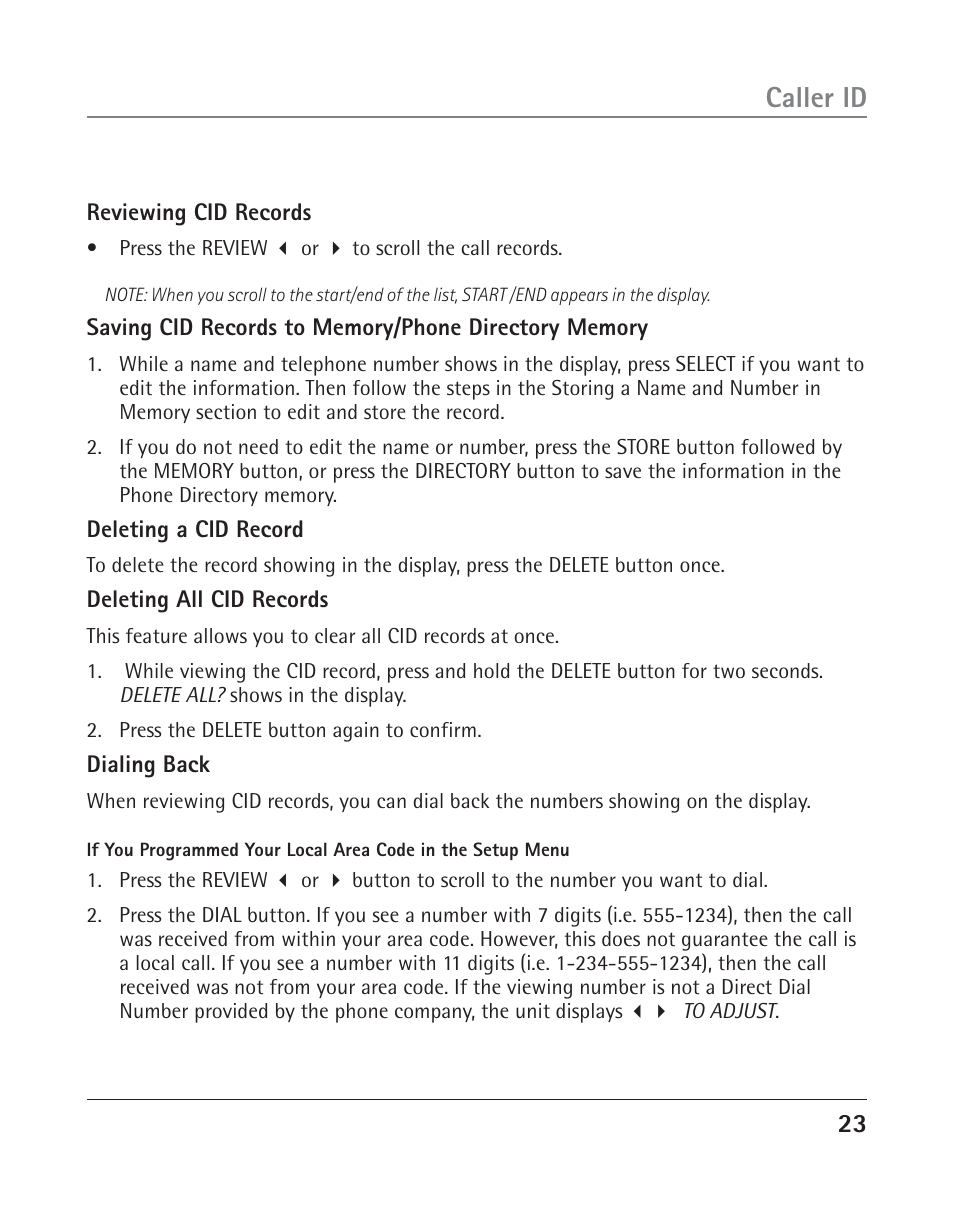 Caller id | RCA 25202 User Manual | Page 23 / 76