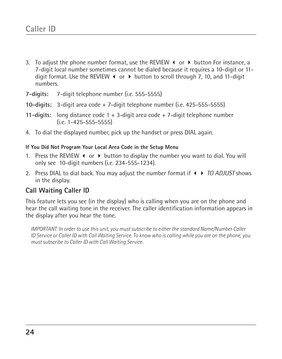 Caller id | RCA 25202 User Manual | Page 24 / 76
