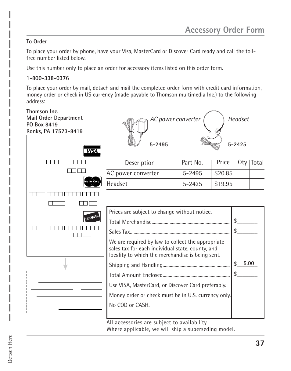 Accessory order form, Headset | RCA 25202 User Manual | Page 37 / 76