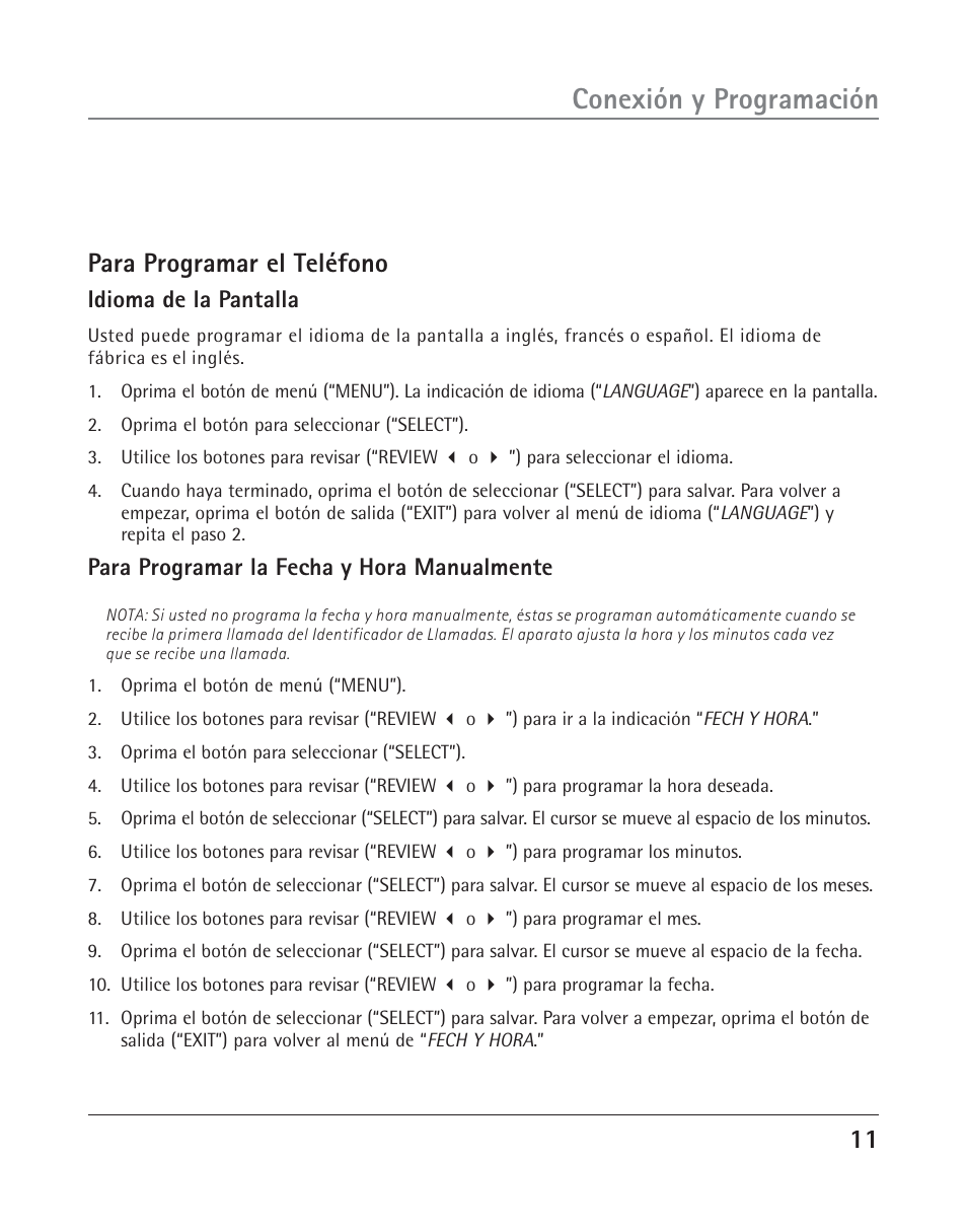 Conexión y programación, Para programar el teléfono, Idioma de la pantalla | Para programar la fecha y hora manualmente | RCA 25202 User Manual | Page 49 / 76