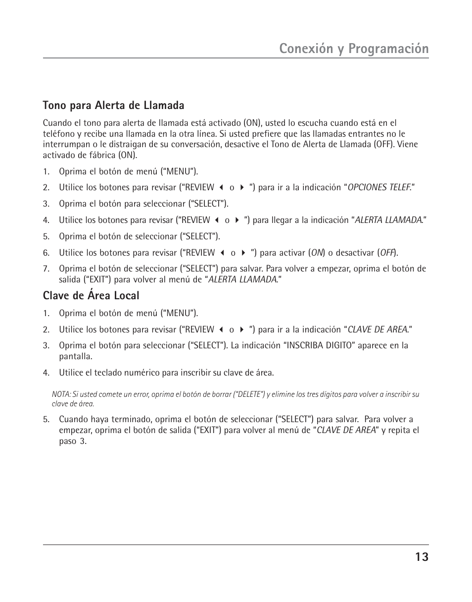 Conexión y programación, Tono para alerta de llamada, Clave de área local | RCA 25202 User Manual | Page 51 / 76