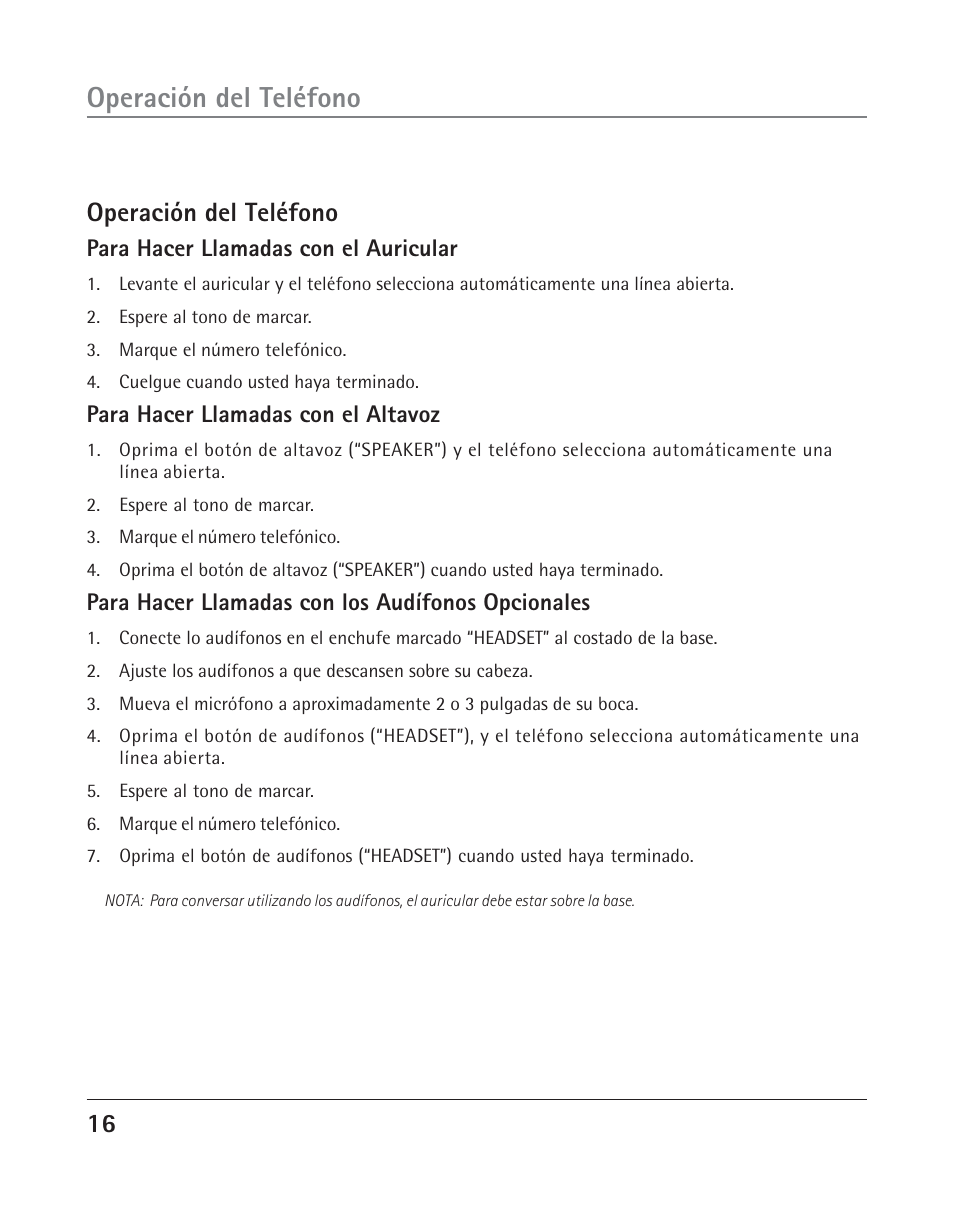 Operación del teléfono, Para hacer llamadas con el auricular, Para hacer llamadas con el altavoz | Para hacer llamadas con los audífonos opcionales | RCA 25202 User Manual | Page 54 / 76