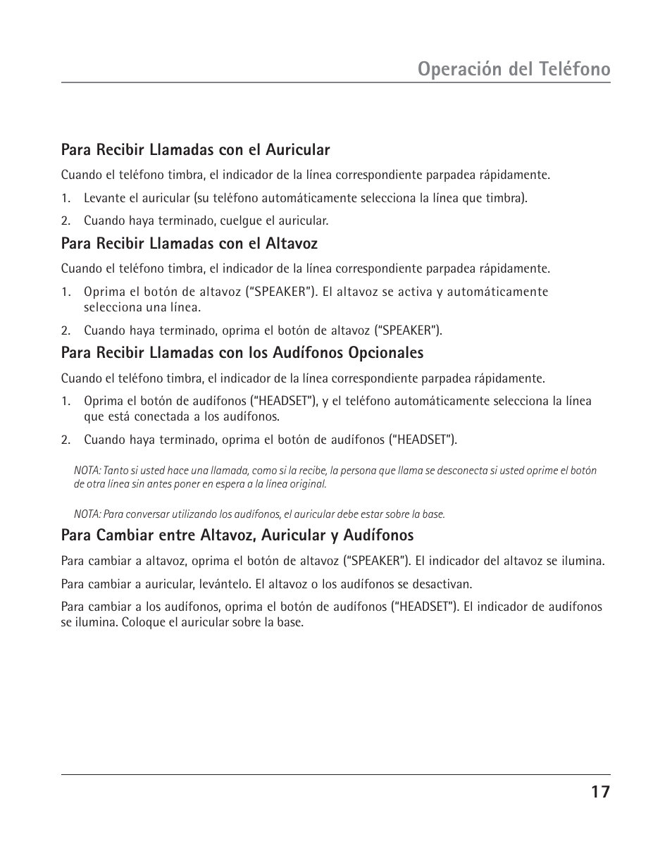 Operación del teléfono, Para recibir llamadas con el auricular, Para recibir llamadas con el altavoz | Para recibir llamadas con los audífonos opcionales, Para cambiar entre altavoz, auricular y audífonos | RCA 25202 User Manual | Page 55 / 76