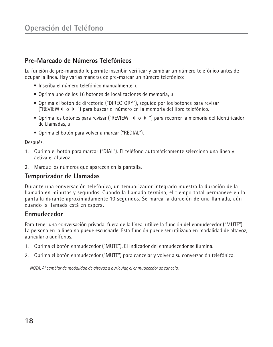 Operación del teléfono, Pre-marcado de números telefónicos, Temporizador de llamadas | Enmudecedor | RCA 25202 User Manual | Page 56 / 76