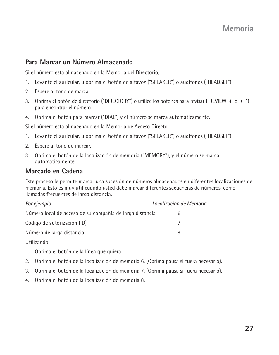 Para marcar un número almacenado, Marcado en cadena | RCA 25202 User Manual | Page 65 / 76