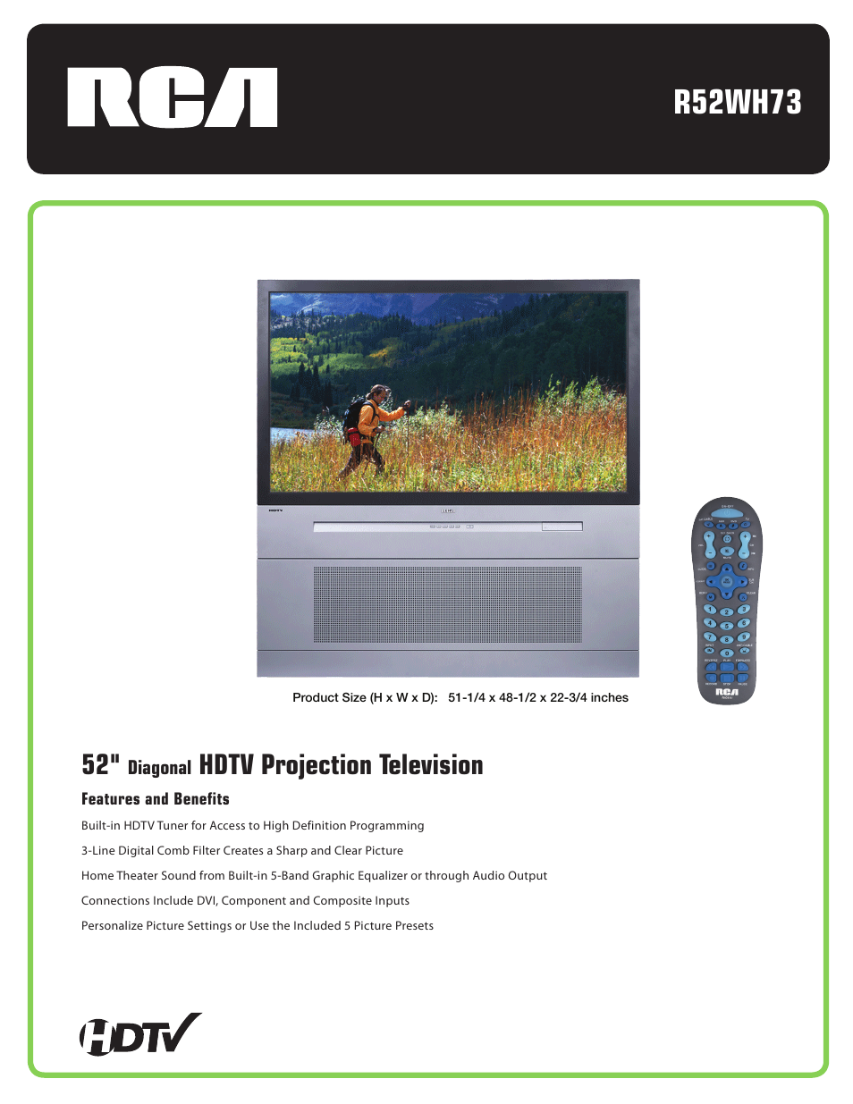 RCA R52WH73 User Manual | 2 pages